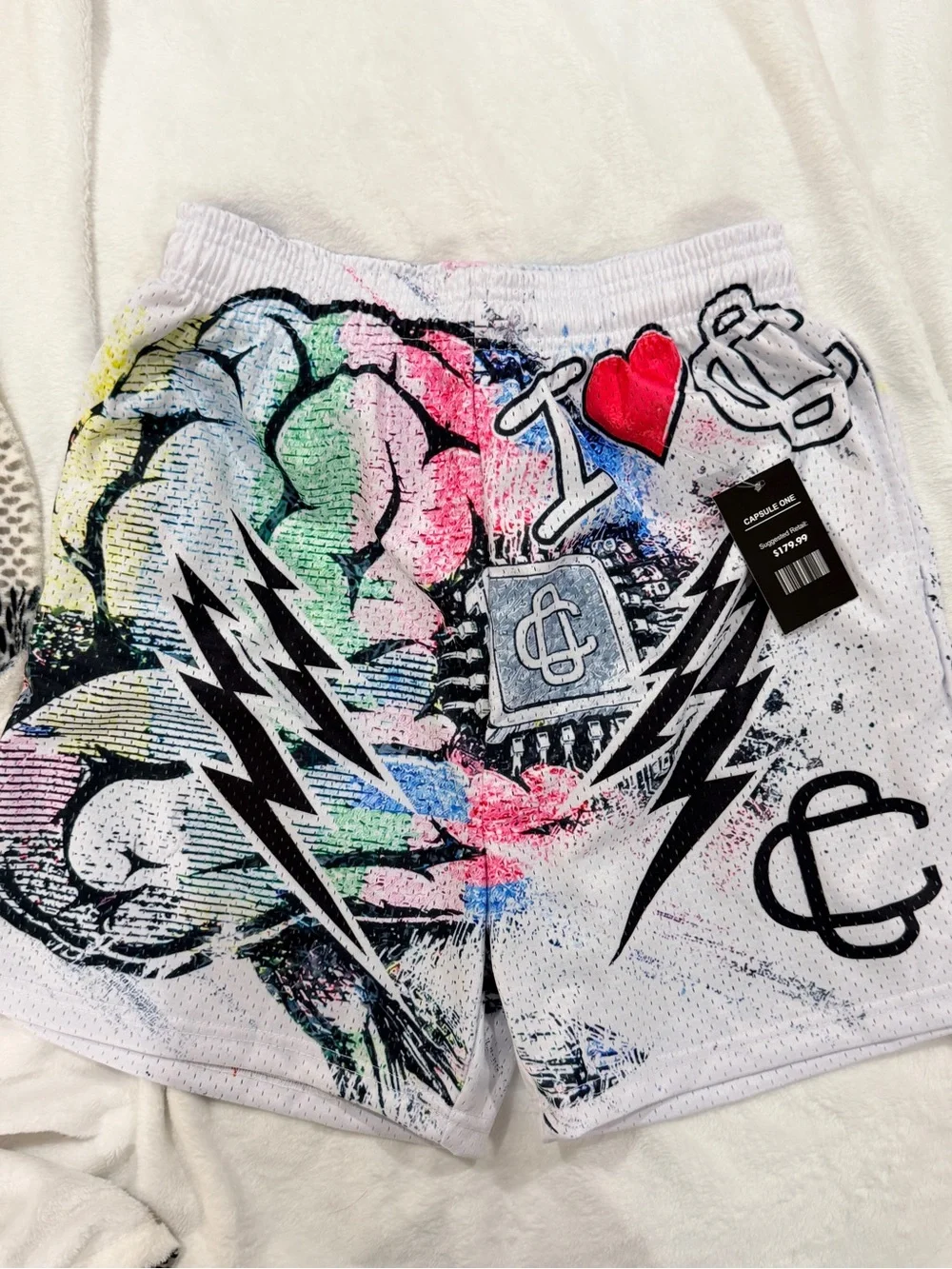 Graphic Mesh Shorts I ❤ CPR- White with Multicolor Print | NWT Large